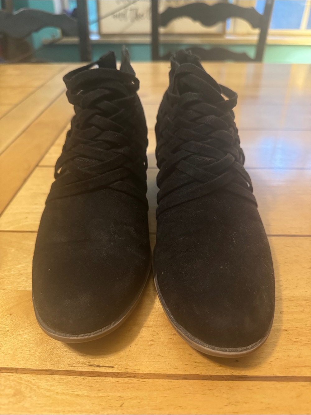 Fergalicious Black Suede Braided Ankle Heeled Boots